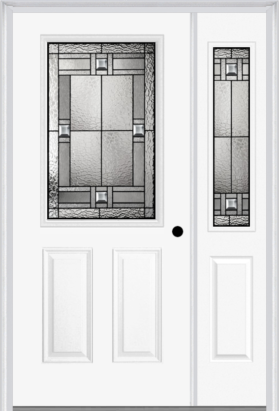 MMI 1/2 Lite 2 Panel 6'8" Fiberglass Smooth Noble Patina Exterior Prehung Door With 1 Half Lite Noble Patina Decorative Glass Sidelight 684